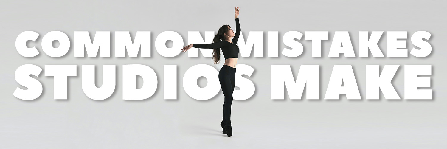 Ballet dancer in a dynamic pose with bold white text reading "Common Mistakes Studios Make" over a gray background.