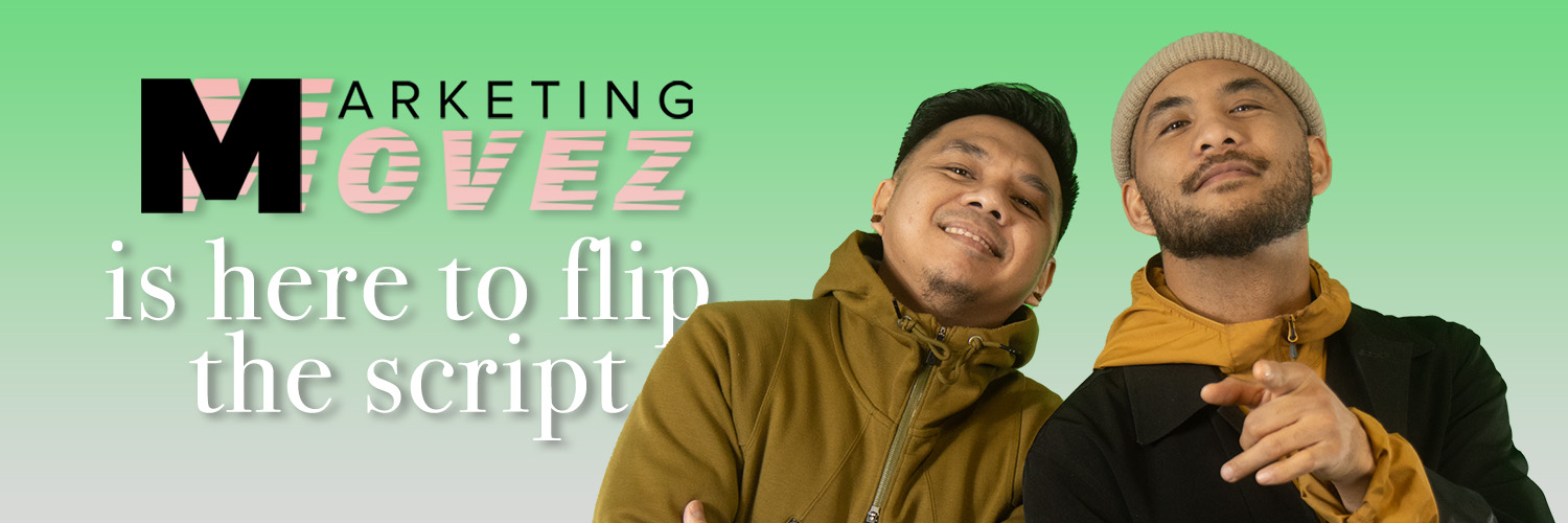 Marc and Stew of Marketing Movez smile confidently under the text “Marketing Movez is here to flip the script” on a green gradient background.