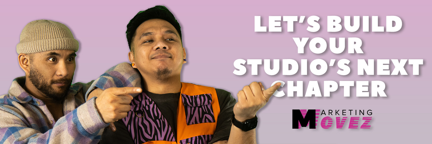 Two creative professionals pointing with confident expressions, beside the headline: “Let’s Build Your Studio’s Next Chapter” with the Marketing Movez logo.