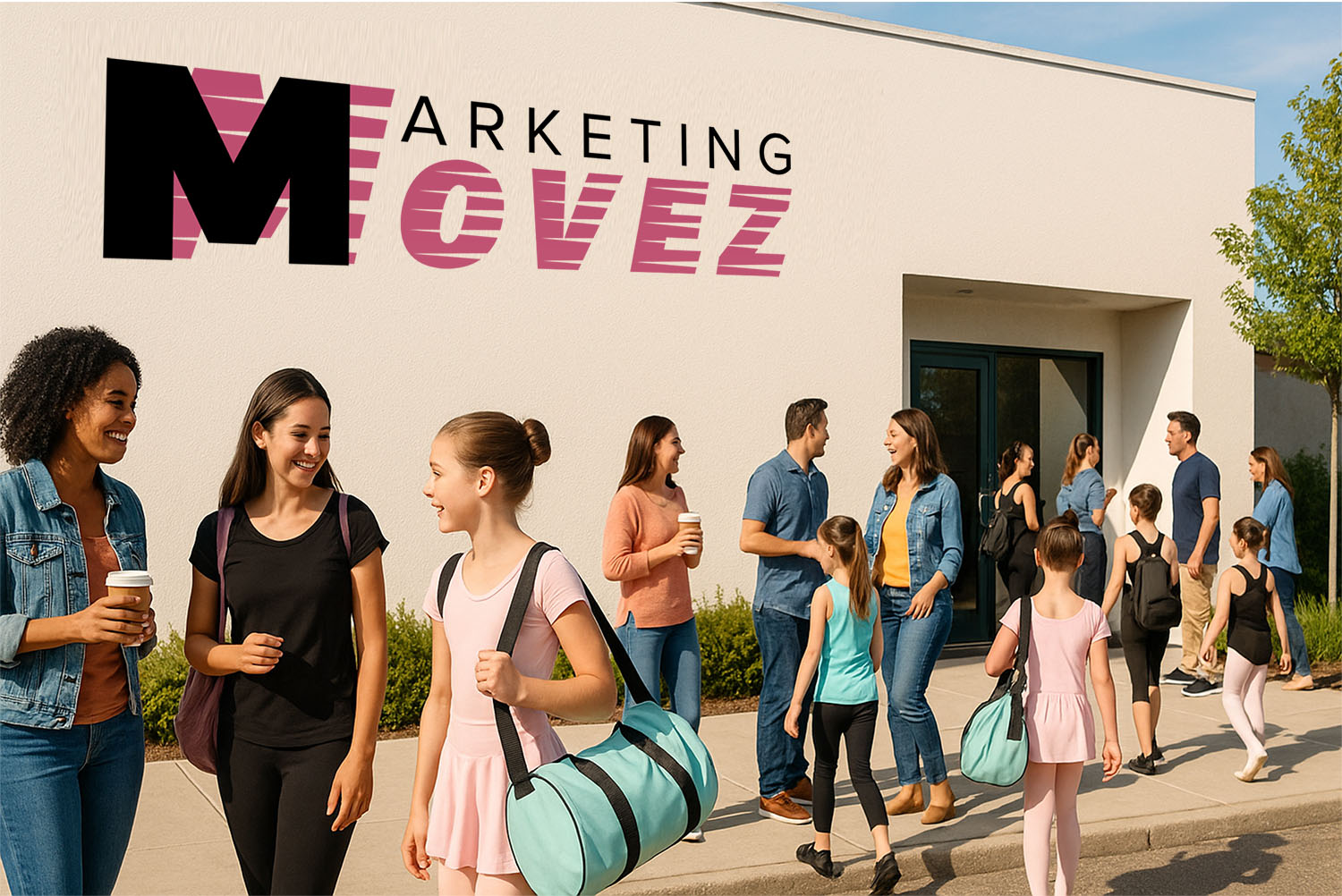 Parents and dancers entering a studio at the start of the new season, under a Marketing Movez sign