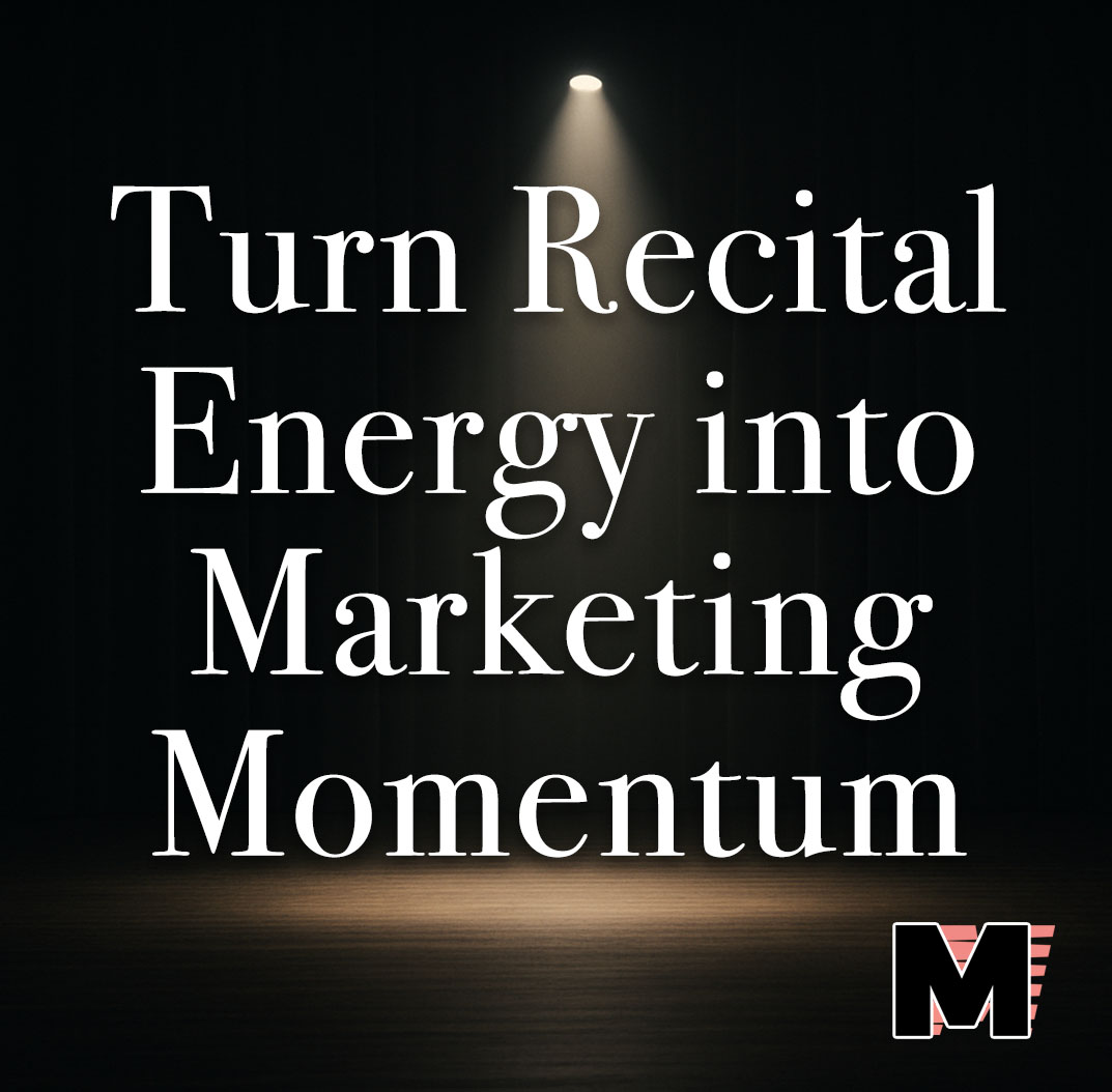 Spotlight on an empty stage with a blog title encouraging studios to keep marketing active