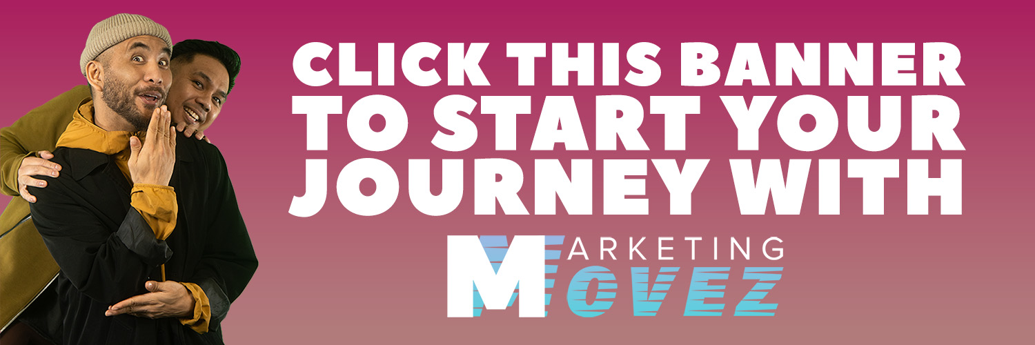 Two smiling men standing playfully against a gradient background with bold text promoting Marketing Movez, a dance studio marketing agency.